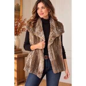 Calypso St. Barth Sz Medium Rabbit Fur‎ Vest Sleeveless Open Front Earth Tones